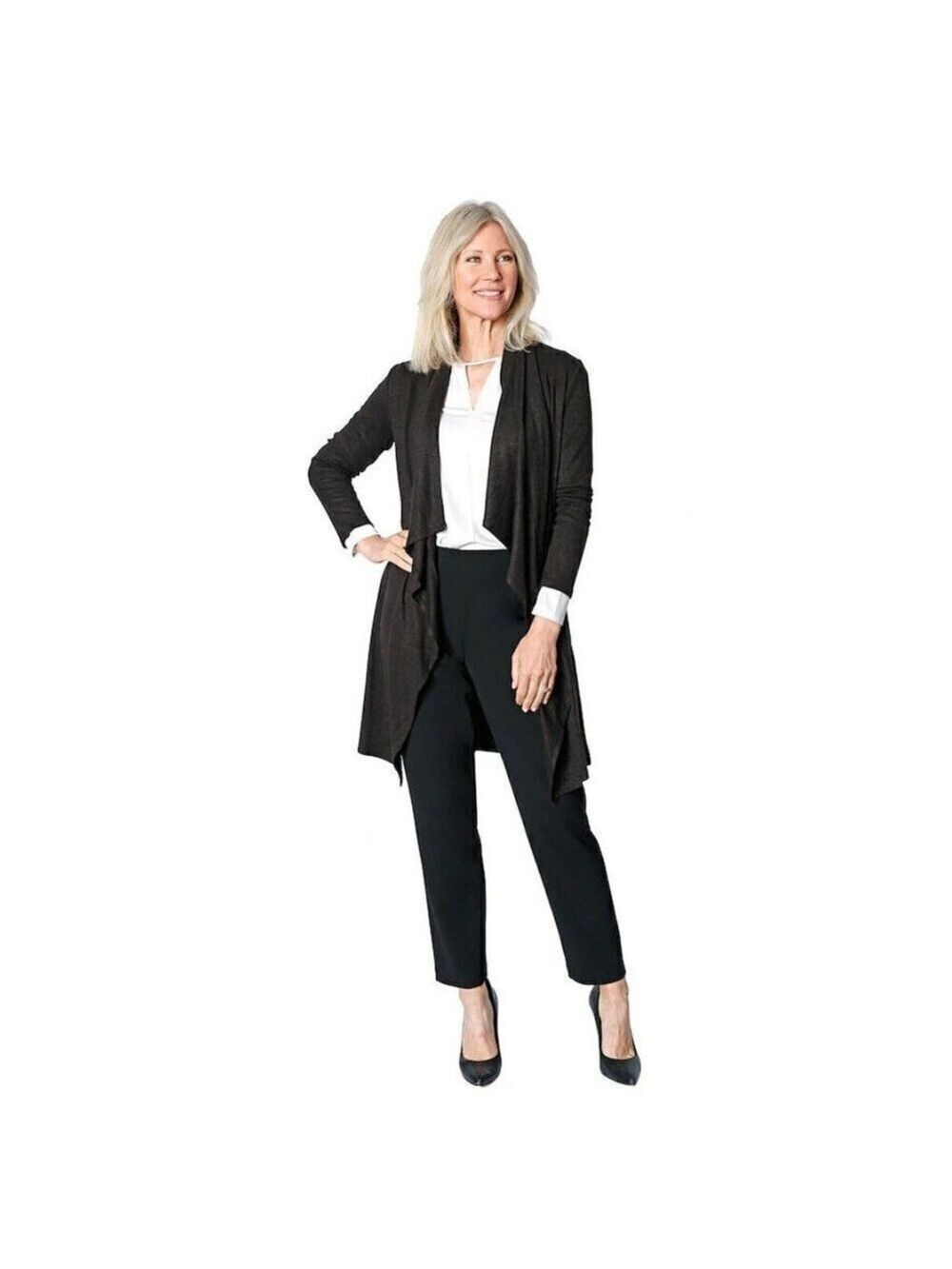 𝅺h Halston BNWT Black Waterfall Cardigan NEW Open Front Soft Cozy